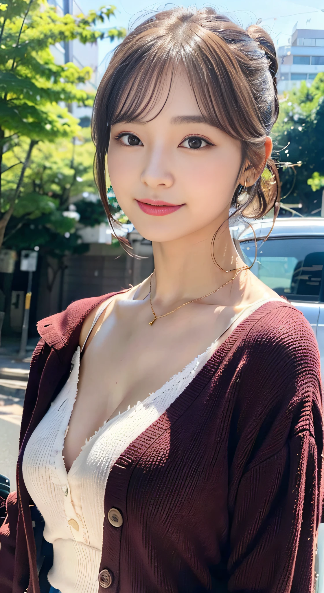 (32K,high-detail,high detal,hight resolution,highdensity,独奏,Lori:1.3),(Realistic people,Live action,A detailed eye,High resolution eyes,Fine eyes,Eyes that look like they are alive,beautiful dark blue eyes,Fishing eyes,Detailed lips,Crystal clear white skin,detailed realistic faces:1.3),(Japanese ido,Korean Idols,model in Japan,Korean models:1.2),(with a flushed face,natural make up,a necklace,piercings:1.4)(Blouse,Red pumps with high heels,Wide pants,Red cardigan,Business Casual Fashion:1.6),(well-shaped breasts:1.5),(Young but very beautiful and elegant Japan people16 year old beautiful girl,Cute black eyes,Smile a little coldly,facing back,turned around,Looking at the camera,Fashion Leader,Business Girl,Soft skin,Unforgettable eyes,Her eyes are too beautiful,Business Pants Fashion,Pink Short Cut Low Ponytail:1.6),(showing your whole body,Show full-body fashion,:1.7)