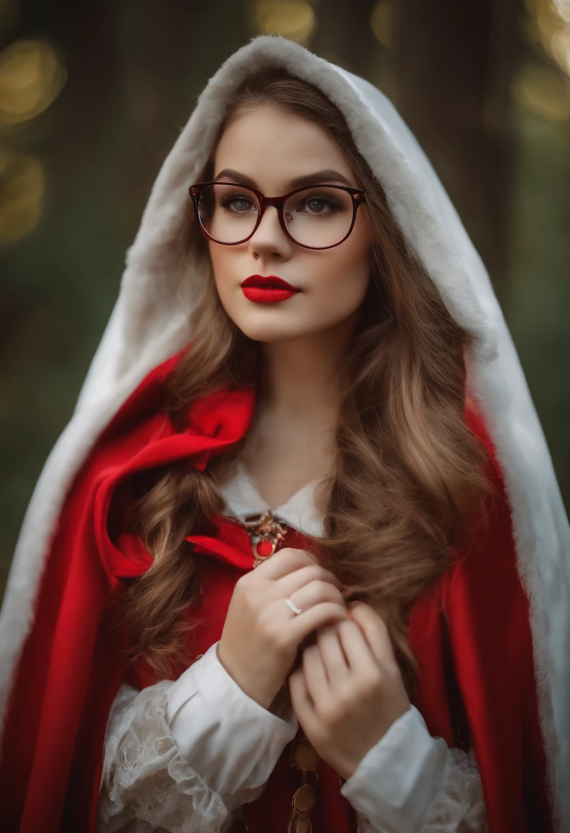 A girl with glasses,Dressed in Little Red Riding Hood's clothes