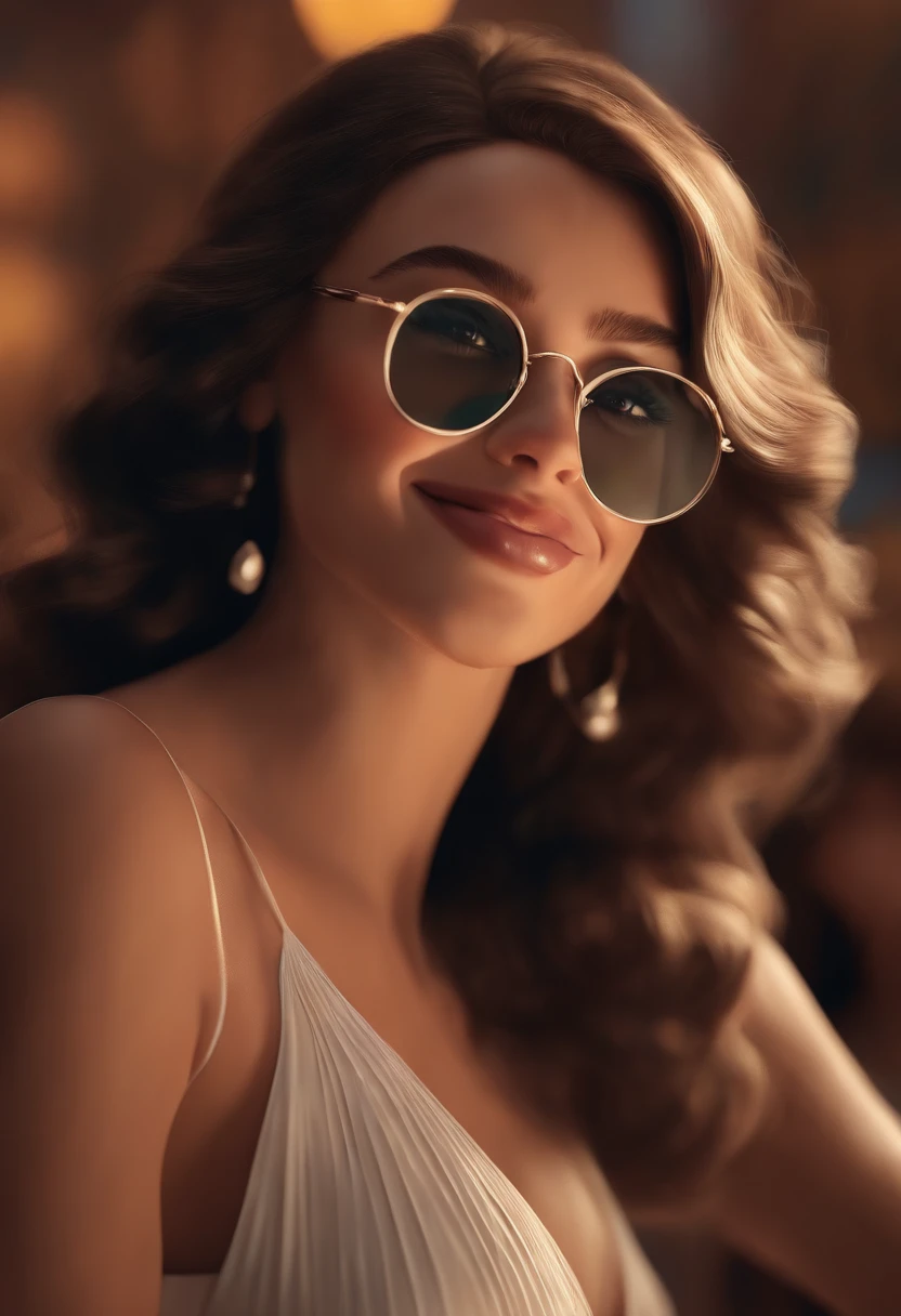"(best quality,ultra-detalhado,Realistic:1.37),3D rendering,illustration,design de personagens,cabelos curtos e cacheados escuros,belos olhos detalhados,wearing white glasses,Estilo Pixar,morena mulher,Dancing on the Disney stage,atmosfera animada,vivid colors,luzes de palco,expression joyful"