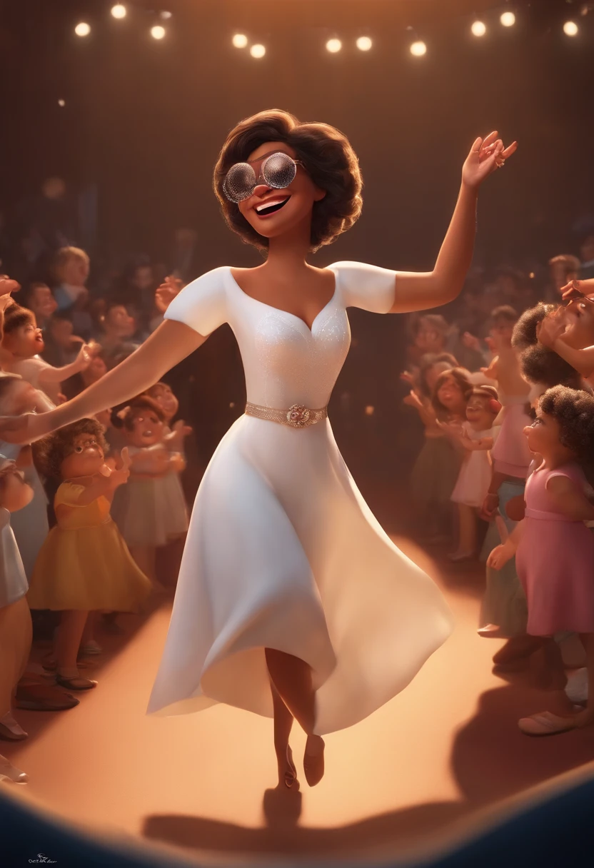 "(best quality,ultra-detalhado,Realistic:1.37),3D rendering,illustration,design de personagens,cabelos curtos e cacheados escuros,belos olhos detalhados,wearing white glasses,Estilo Pixar,morena mulher,Dancing on the Disney stage,atmosfera animada,vivid colors,luzes de palco,expression joyful"