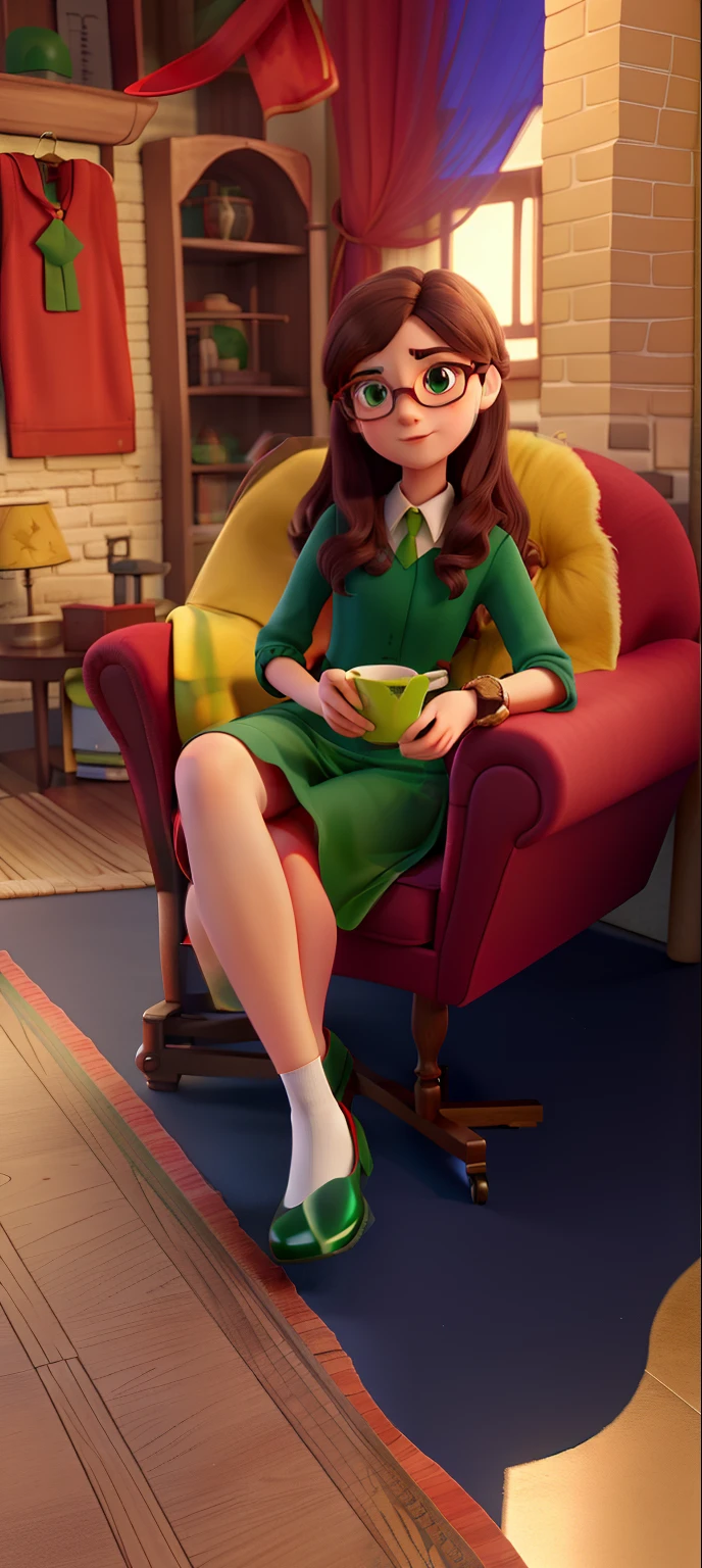 A young woman in glasses and green dress sitting in a red armchair