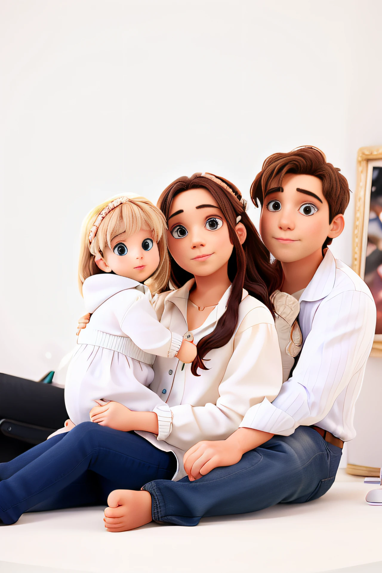 Family in photo studio, a girl, a woman and a man, white wall