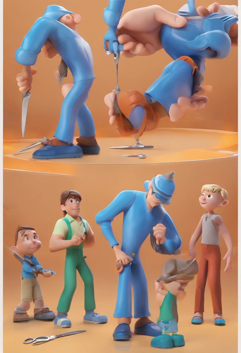 Estilo Pixar: The grown man is holding a naked blue-eyed boy and in his other hand he is holding a pair of scissors and is trying to cut off the boy's testicles,3D Poster,Disney