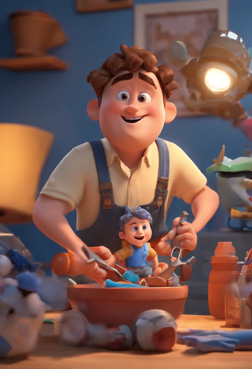 Estilo Pixar: The grown man is holding a naked blue-eyed boy and in his other hand he is holding a pair of scissors and is trying to cut off the boy's testicles,3D Poster,Disney