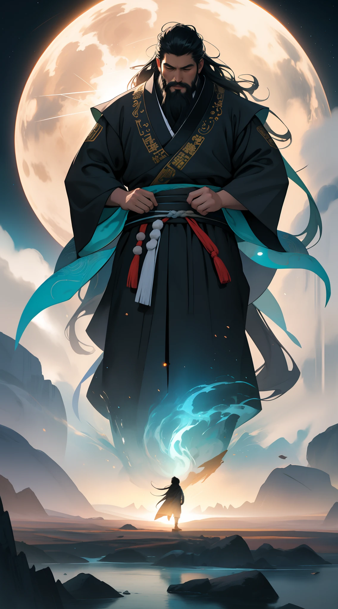 The story of Pangu Kaitian,Chinese folk mythology,A long, long time ago,Heaven and earth have not yet been separated,The universe is in chaos。There was a giant named Pangu,In this chaotic universe,He slept for eighteen thousand years,Deep background,absurderes,Fantastic and incredible,Epic composition,(Complicated details,Hyper-detailing:1.2),Ultra photo realsisim, epic realistic, ((com cores neutras)),(pastel colour:1.2), Hyper-realistic, + cinema shot + Dynamic composition, Incredibly detailed, Sharpen, Cinematic, warm lights, Light effect, Dramaticlight, (Intricate details:1.1), the complex background, (greg rutkovsky:0.8), Daichi Yamakawa,The image of the great Creator God,Great Wilderness East Meridian,Epic, Detailed face, Detailed eyes,big beard,