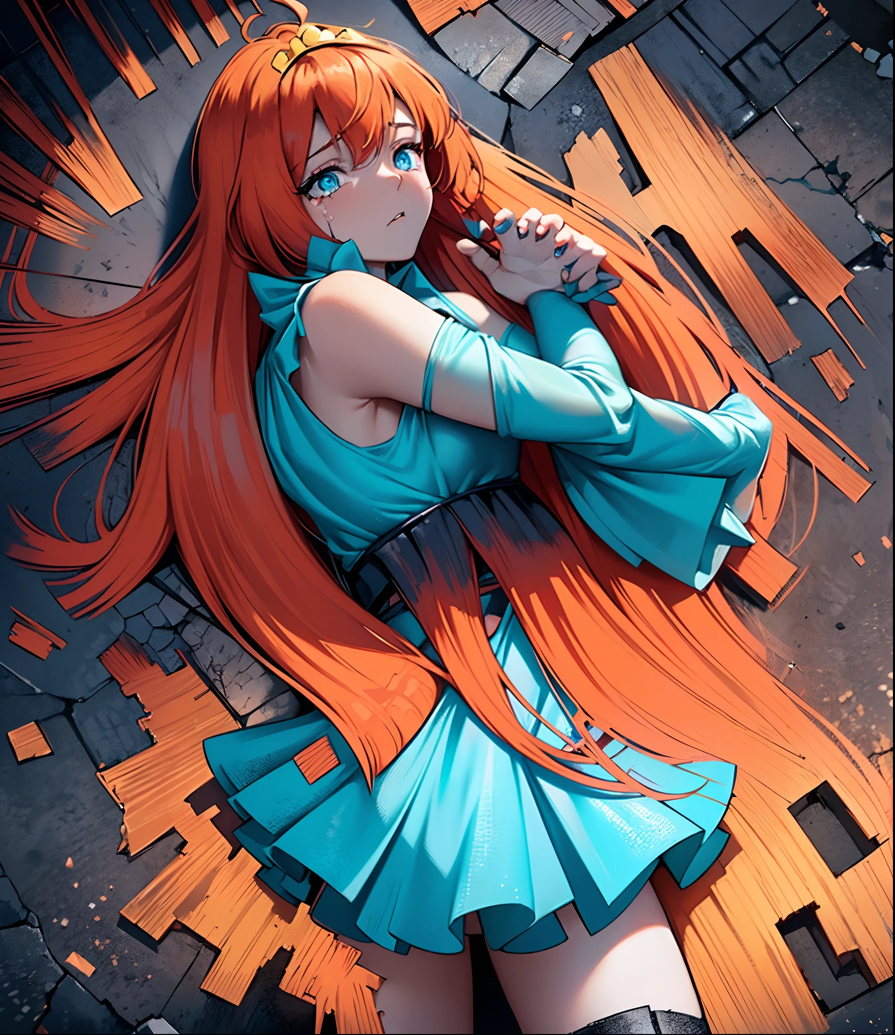 Bloom has passed out from a severe beating by a large troll monster, collapsing into a heap on the dark and jagged cave ground. The monster has caused large scratches on her body and tears in her clothes; Bloom lies helplessly torpid and inert unable to defend herself from the future assault. (Bloom) (orange hair, cyan blue eyes, bangs, long sliced hair, frail weak body, dainty arms, slender legs, beaten and thrashed, skin cut up, visible wounds) (Fairy Outfit) (ripped blue croptop, well-endowed chest, sleeveless, mini blue skirt with tears, exposed midriff & bellybutton, sparkling clothing, wings, tiara), good hands, perfect hands:1, (Bloom torpid and defeated in a large crack:1.3), (ripped off and messy long orange hair and bangs:1.2), (detailed scratched face and skin:1.1), (small scratches all over Bloom's skin:1.1), (dark monochrome lightning, brown & gray cave floor, red stains, spikes everywhere:1.2), (Bloom is lieing on her back, crumpled and torpid in large crack in cave floor:1.5), (anime style: 1.1), (full-body-shot:1), (Cowboy-shot:1.2), (Close-up on Bloom:1), (dynamic crumpled & torpid pose:1.9), (giant monster hand about to grab Bloom-1), (solo, one person, 1girl:1.5),