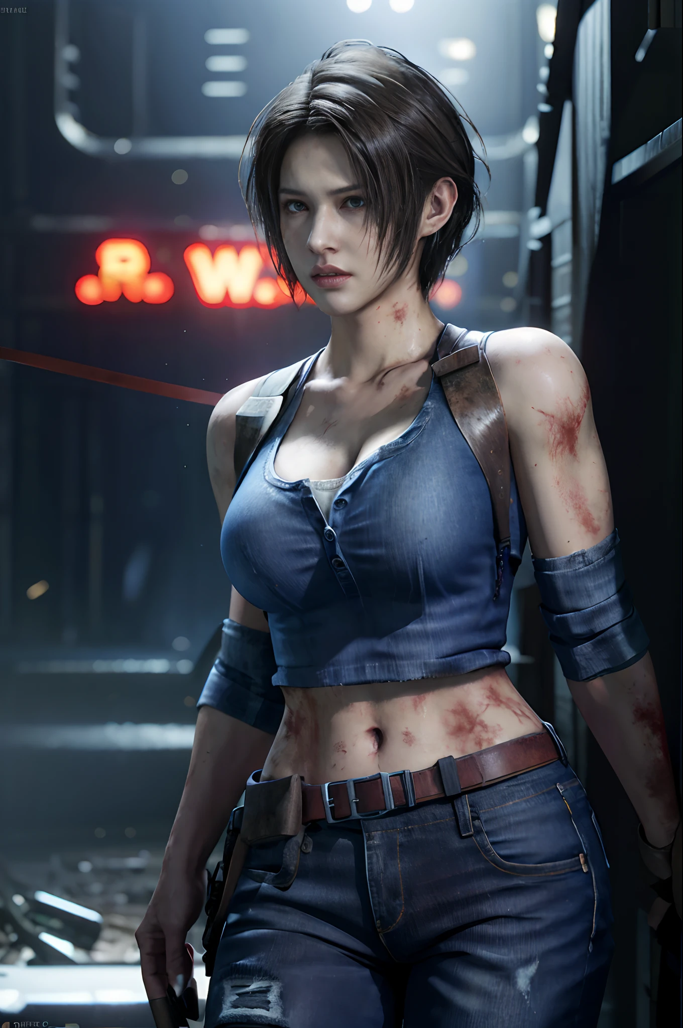 Cowboy shot of jill valentine, short hair, blue top, jean pant, resident evil,  zombie apocalypse background