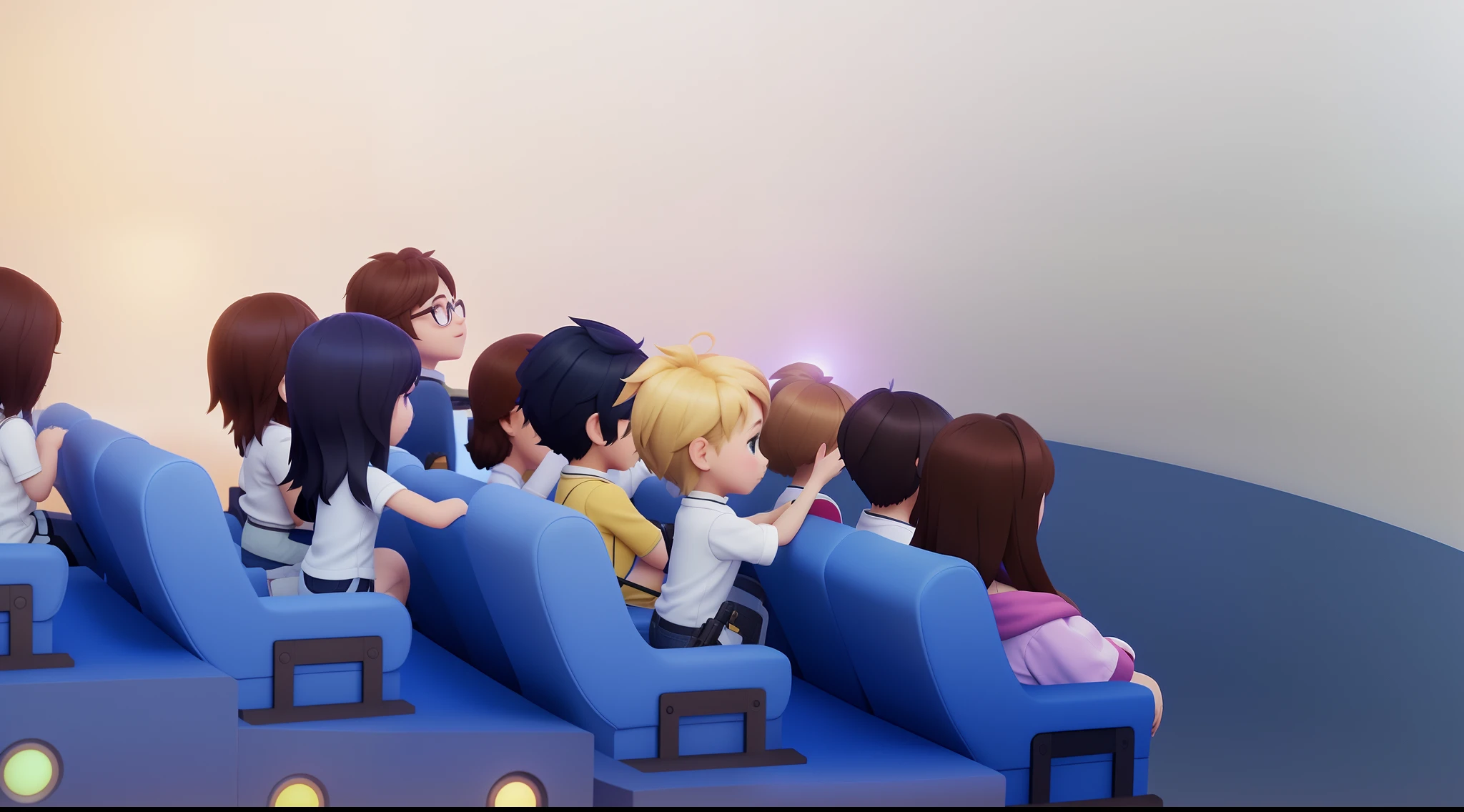 there are many people sitting in a theater watching a movie,delicated face,Beautiful and cute expressions in 3D Pixar animation style,tmasterpiece, best qualityer, ultra - detailed, 3D Q style,tchibi,A cinematic scene,Super details romantic soft focus and ethereal light,The sun shines on it,A cinematic scene,Full body 2D artwork,blur backgroun,romantic soft focus and ethereal light,The sun shines on it,A cinematic scene,super detailing,pix: 2 style, , gaming room in 2 0 4 0, Sitting in the cinema, Watching a movie, overwatch style, 3 d videogame render, still from tv anime, videogame 3d render, animated movie still,