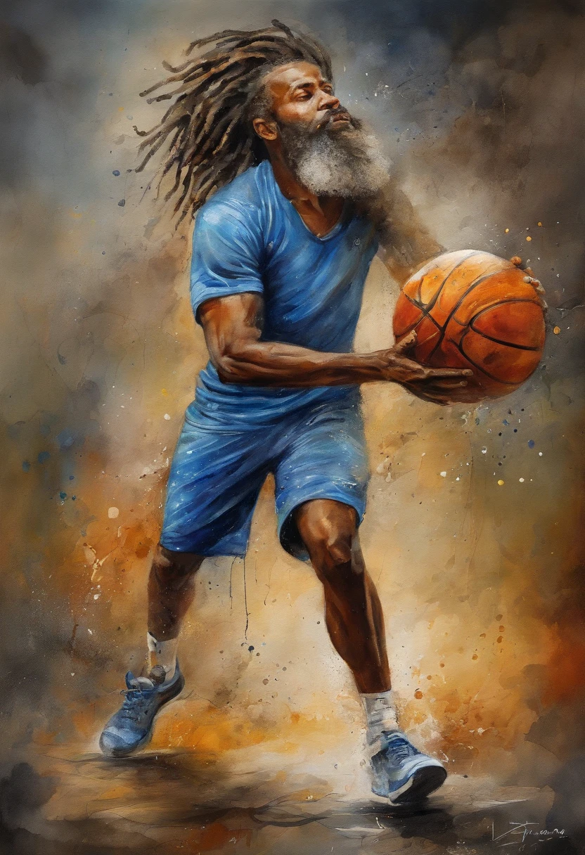 (best quality,ultra-detalhado,Realistic:1.37),Noite estrelada por van gogh,Anjo masculino em um gueto, vestindo roupas urbanas baggy flacidez, sneakers Nike, e dreadlocks, segurando o sol como um basquete e bola! Shooting the ball through the hoop