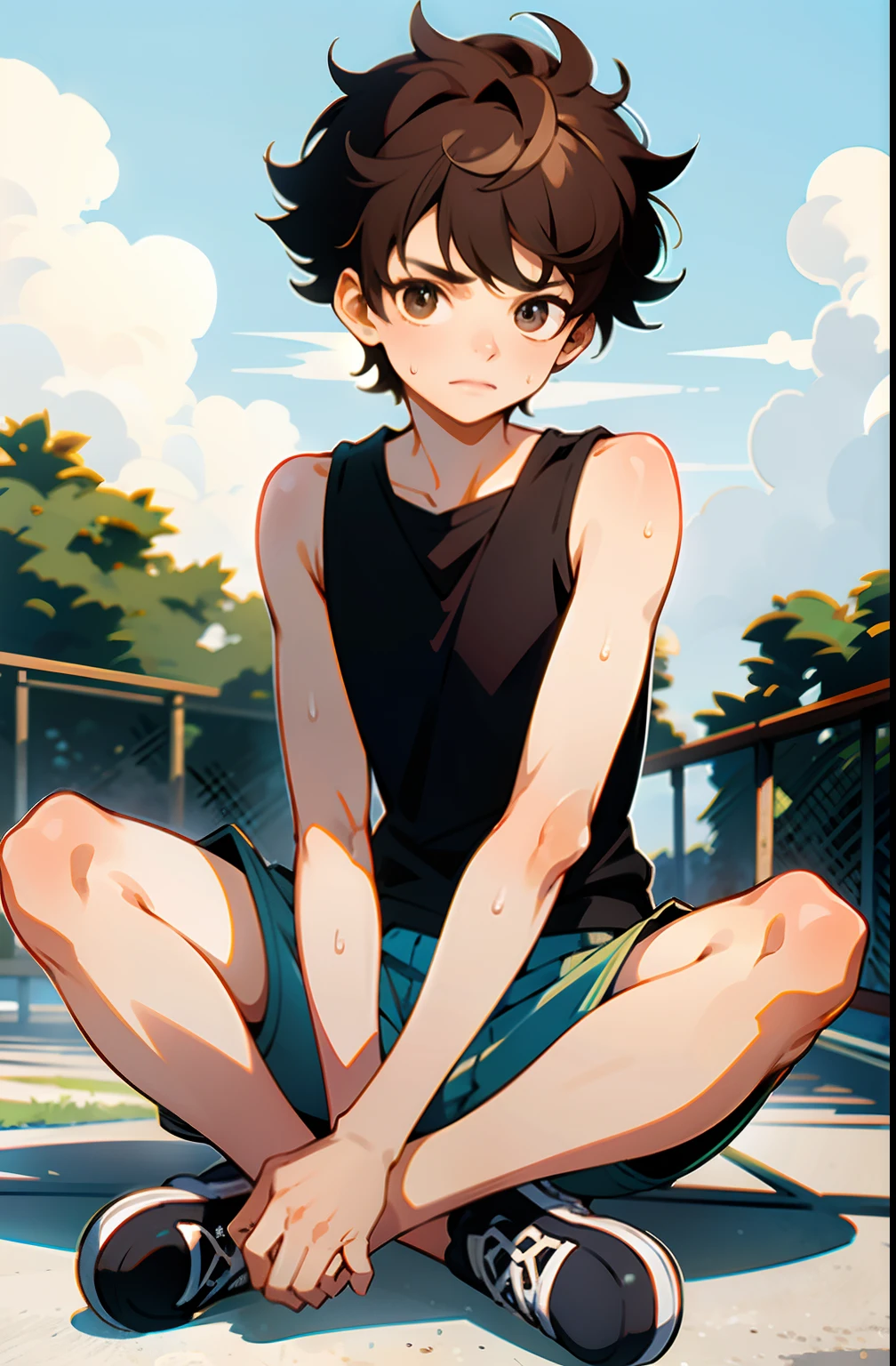 masterpiece, best quality, high quality,  1boy, young, sporty , duo, male focus, full body, looking at viewer, curly hair, brown eye, spiky hairstyle, short hair, steam smork, japan style,  anime coloring, shy, home muji style, detailed face, tank top, shorts, outdoor, sweat, open legs, dramatic lighting, outdoors, basketball