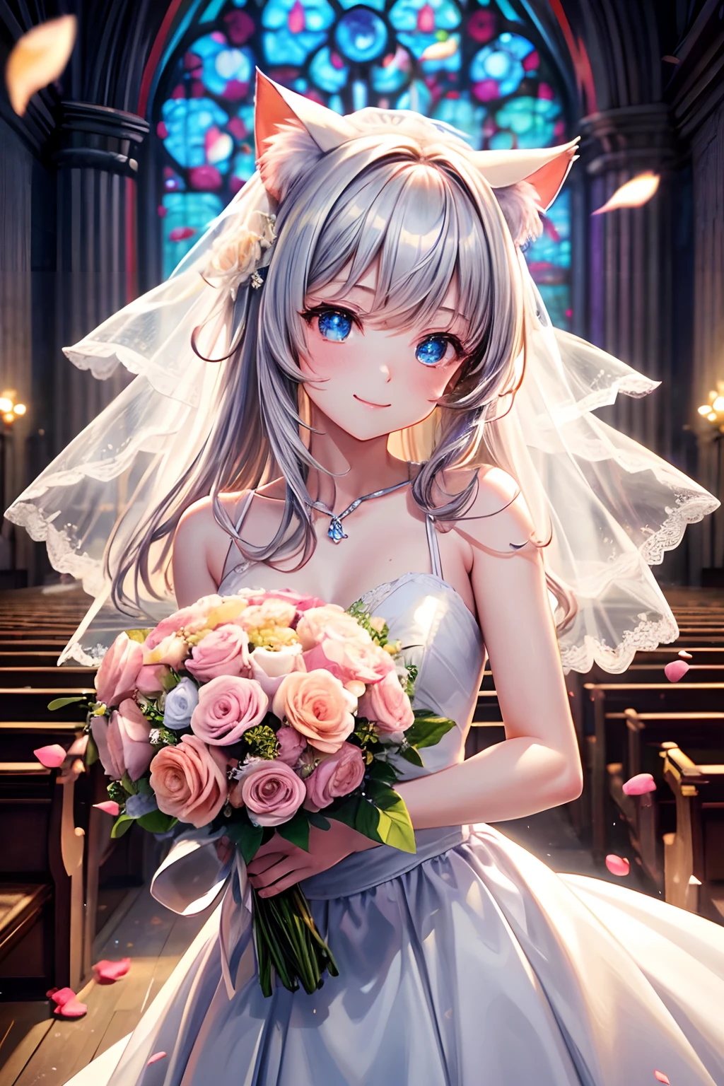 Top quality, high resolution, perfect human ???????, background focus, front view, glowing hair, glowing eyes, cat ears, church, wedding dress, medium chest, holding bouquet, petals dancing, happy smile, gradient eyes, swept bangs,