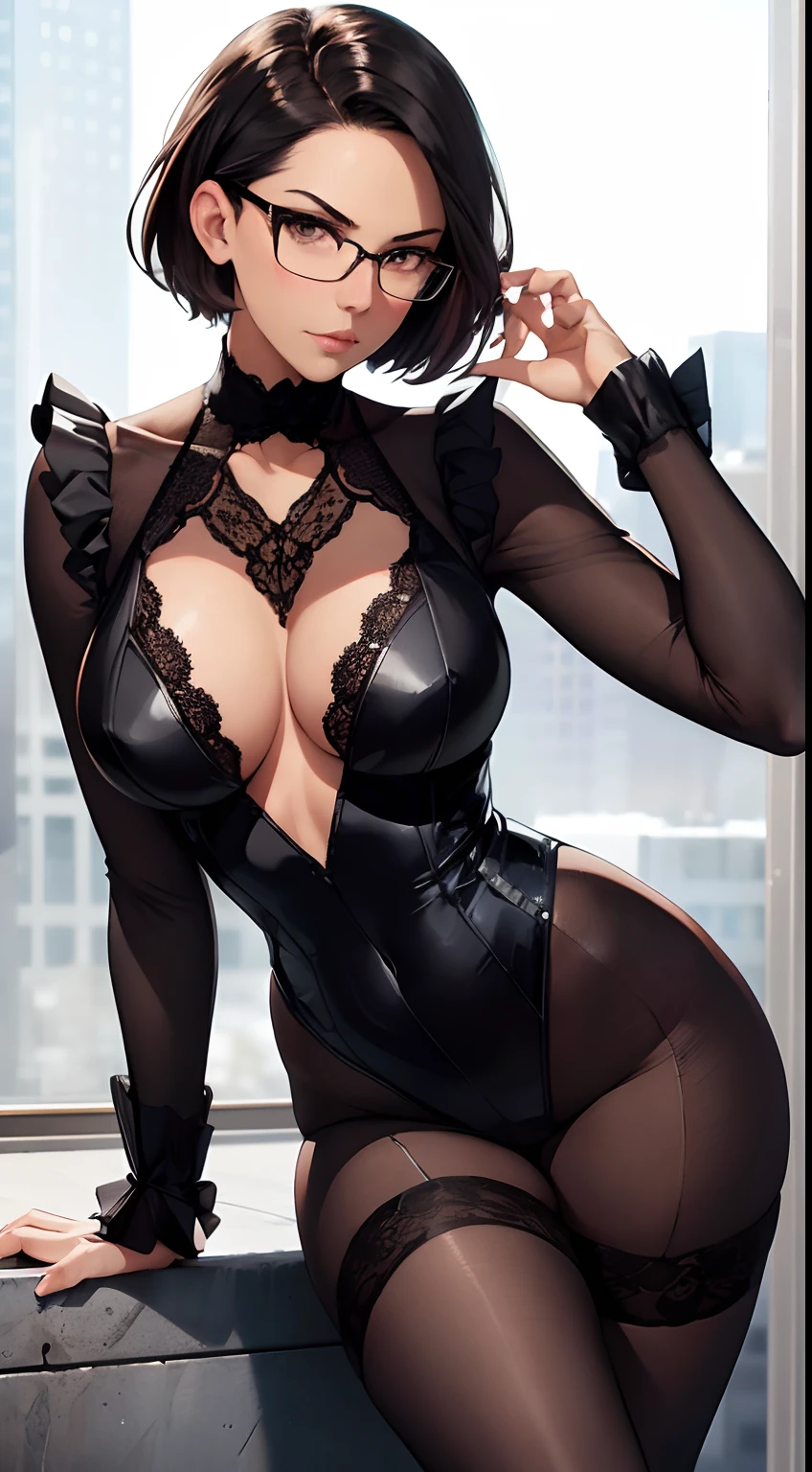 high heels, adult, 35 years old, black lace bodysuit ,beautiful women, grey short hair,glasses, brown eyes, beautiful brown eyes, strict gaze, serious expression, tall women,breasts cup a,slim body,