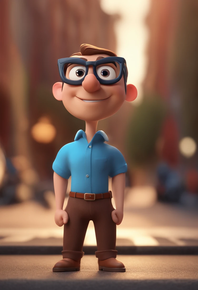 Cartoon character of a man with black glasses and a blue shirt, animation character, Caractere estilizado, animation style rendering, 3D estilizado, Arnold Maya render, 3 d render stylized, toon render keyshot, Personagem 3D, Personagem 3D, 3d rendering stylized, 3 d character render, personagem de desenho animado, Personagem de close up, Pose de personagem, (Estilo Pixar) (master part:1.2) (Bokeh) (best quality) (pele detalhada) (textura detalhada) (8k) (argila) (Cinematic lighting) (foco nítido