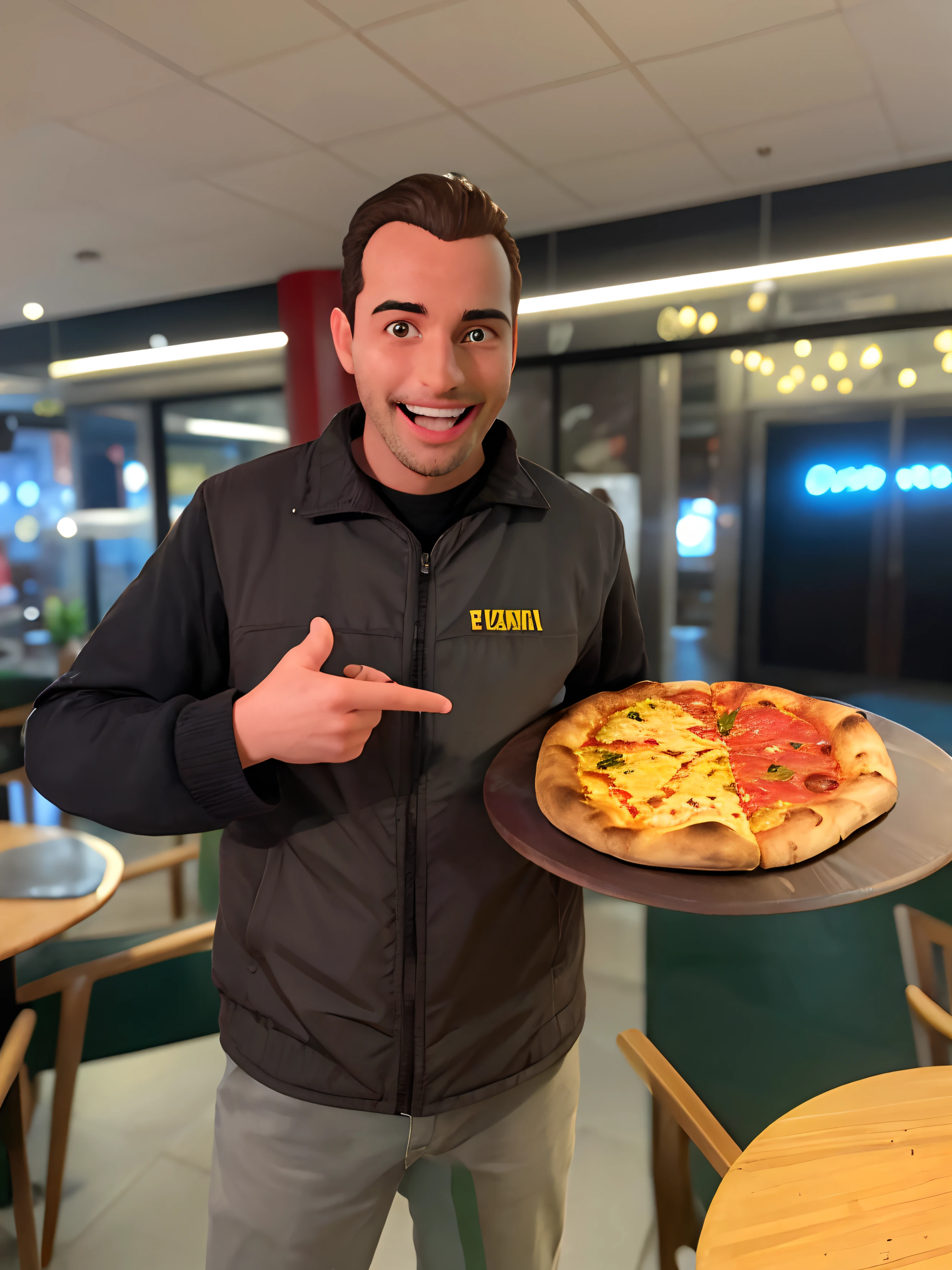 Homem de uniforme preto Dentro de um restaurante Segurando uma pizza de dois sabores um vermelho e o outro amarelo , The red one is on the right side of the photo and the yellow one is on the left side , a pizza tem uma borda mais alta , The man has a funny and smiling face