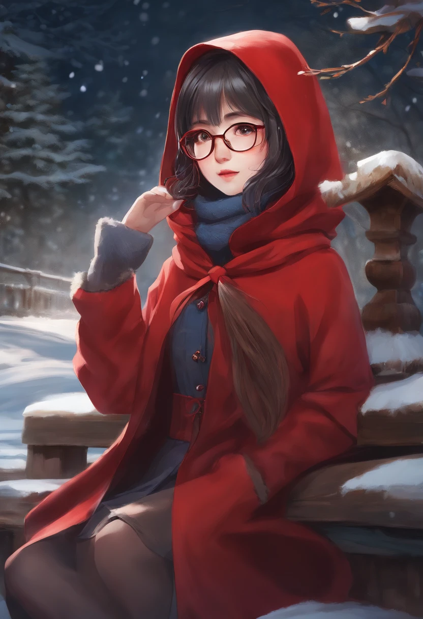 Japanese anime,A girl with glasses,Dressed in Little Red Riding Hood's clothes,Background in winter