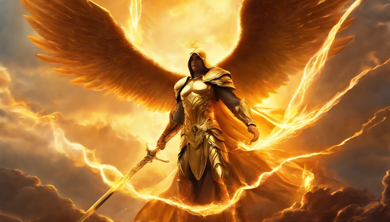 ((The Justice angel)),(take flame blade which reflect the dizzle light),burnning up in fire,equiped with golden armer,((eyes shinning gold beam)),background in holy beaming from the heaven,((illustration style)),official art,epic storry