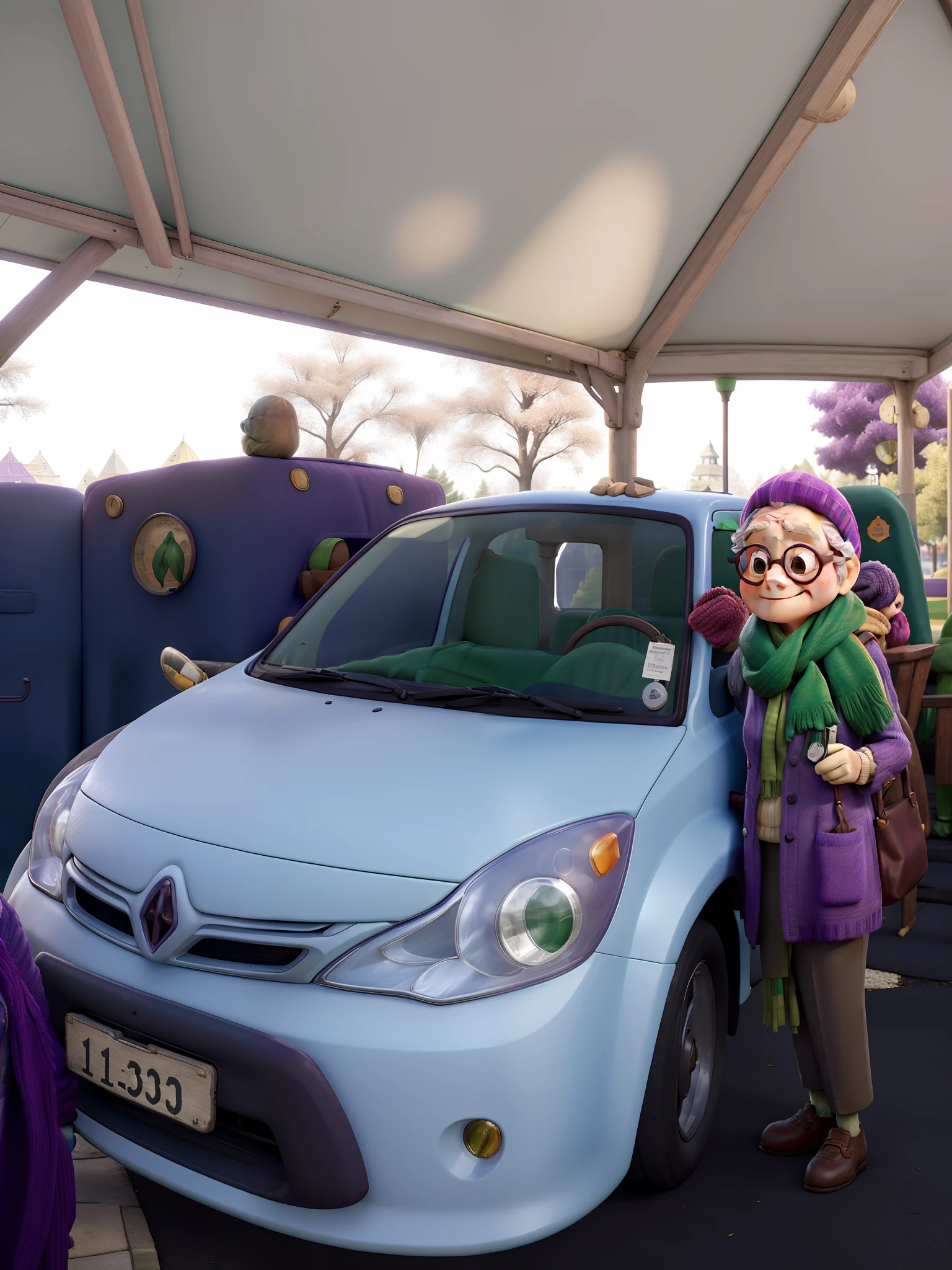 masterpiece, best quality, an old woman with glasses and a scarf on, wearing a purple coat and green scarf, standing at the park