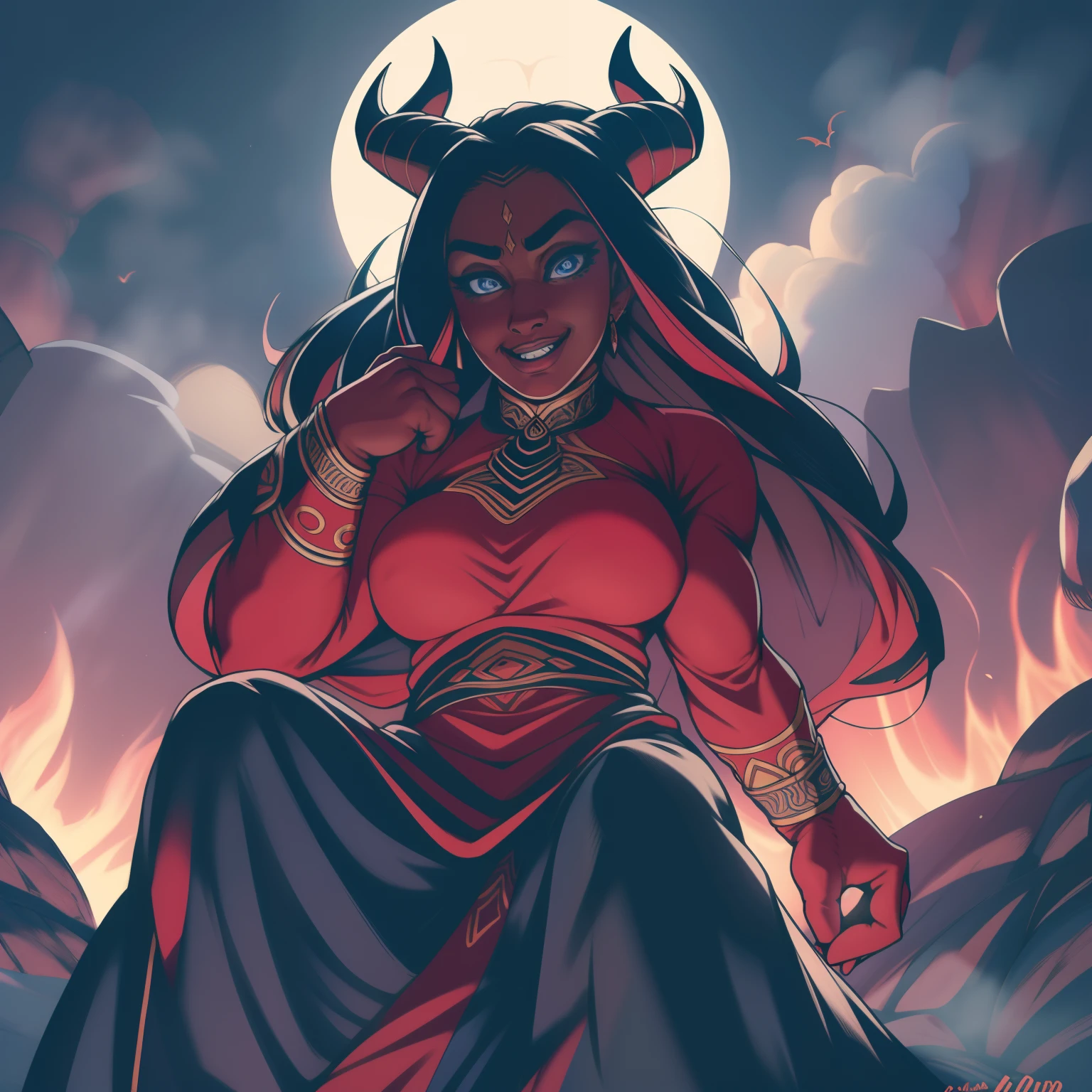 ((volcano)),(devil milf),sit in fire,(((tattoo covering whole body:1.4))),(((black skin))),horns on head,Big tail，Detailed details,((A MILF: 1.4)), (Curvy:1.35),Curvy physique,compelety naked，bare leg,(puffy nipple), ide sitting，Obscene expressions,((from below)),close up