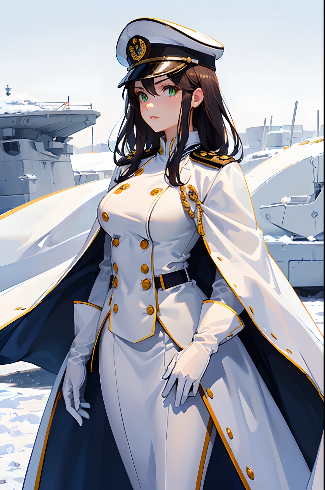 (masterpiece), best quality, expressive eyes, perfect face, (female adult), serious expression, (green eyes), (brunette medium hair), (medium breasts), (wearing A navy captain's "Full Dress white Uniform" with full-sized medals, white gloves:1.4), (wearing a white peaked cap:1.2), (wearing a white Navy Officer Uniform Cape:1.2), ((standing a snowy battlefield)), (side view), (looking at the viewer)