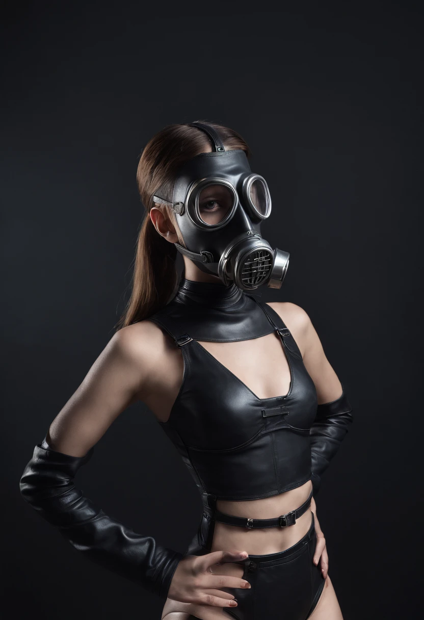 Woman with anti-gas mask dressed in leather leotard posing for a photo in a dark studio.