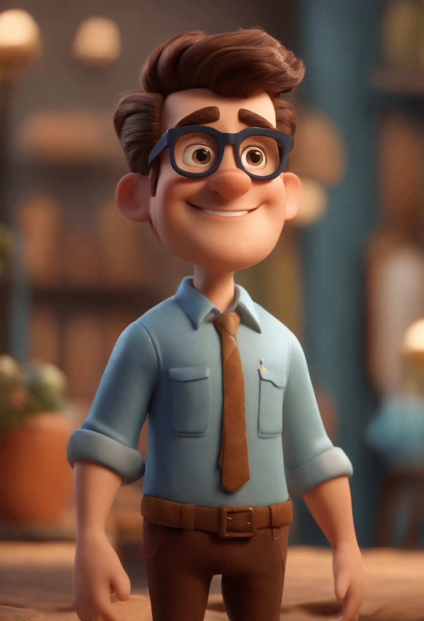 Cartoon character of a man with black glasses, cabelo cacheado marrom escuro e uma camisa azul, animation character, Caractere estilizado, animation style rendering, 3D estilizado, Arnold Maya render, 3 d render stylized, toon render keyshot, Personagem 3D, Personagem 3D, 3d rendering stylized, 3 d character render, personagem de desenho animado, Personagem de close up, Pose de personagem, (Estilo Pixar) (master part:1.2) (Bokeh) (best quality) (pele detalhada) (textura detalhada) (8k) (argila) (Cinematic lighting) (foco nítido