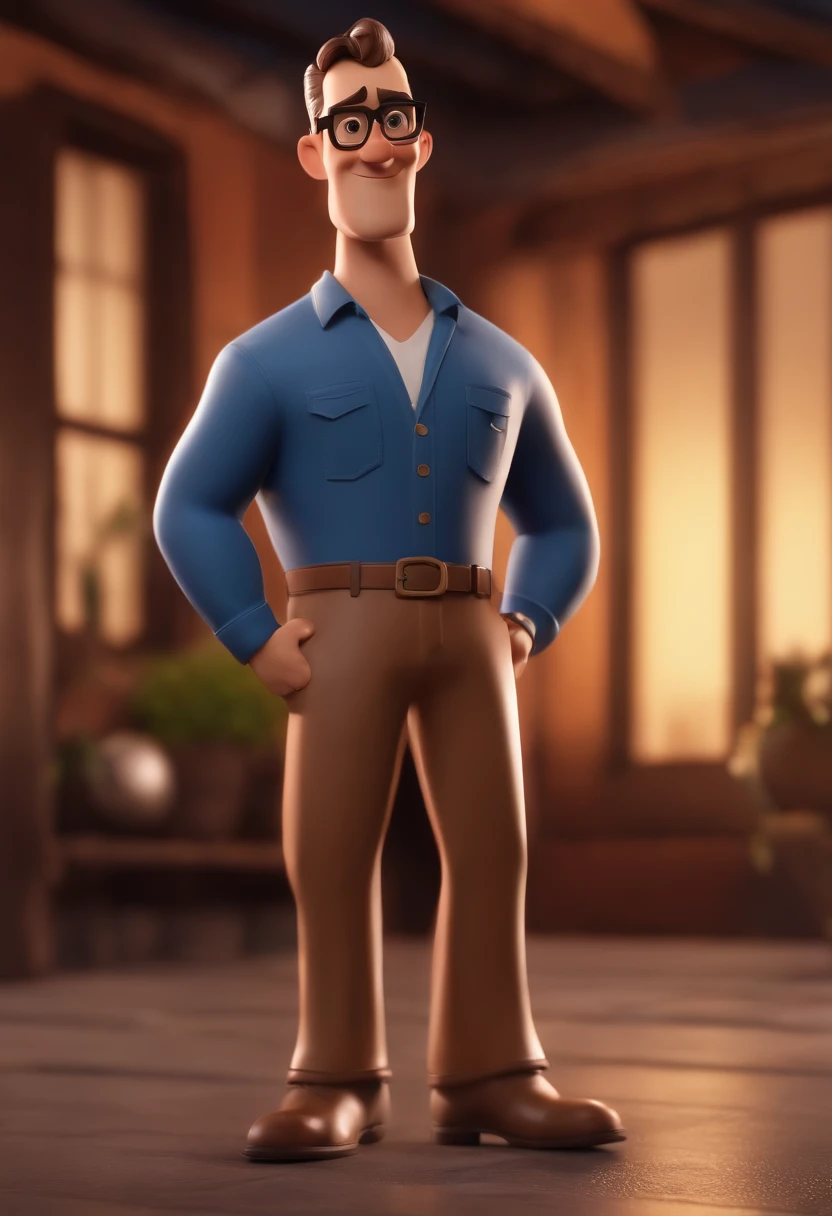 Cartoon character of a man with black glasses, cabelo cacheado marrom escuro e uma camisa azul, animation character, Caractere estilizado, animation style rendering, 3D estilizado, Arnold Maya render, 3 d render stylized, toon render keyshot, Personagem 3D, Personagem 3D, 3d rendering stylized, 3 d character render, personagem de desenho animado, Personagem de close up, Pose de personagem, (Estilo Pixar) (master part:1.2) (Bokeh) (best quality) (pele detalhada) (textura detalhada) (8k) (argila) (Cinematic lighting) (foco nítido