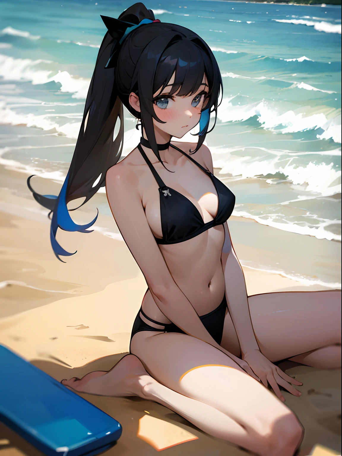 On the beach by the sea,A girl's figure eight sits on the beach,Wearing a black bikini,Comb your ponytail,There is a colorful expression on his face,