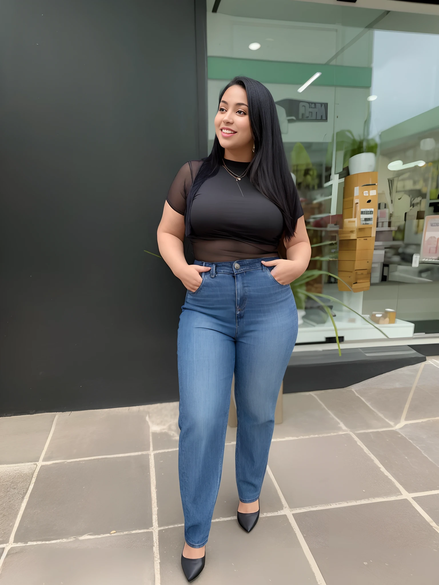Araffe woman in a black top and jeans standing outside a store, cintura magra e quadris grossos, usando um top cropped sexy, imagem de corpo inteiro, plus size, ela tem uma barriga redonda gorda e agitada, thicc, imagem de perfil, mulher plus size, usando roupas simples e apertadas, baggy jeans, Directed by: Olivia Peguero, corpo inteiro disparado de perto