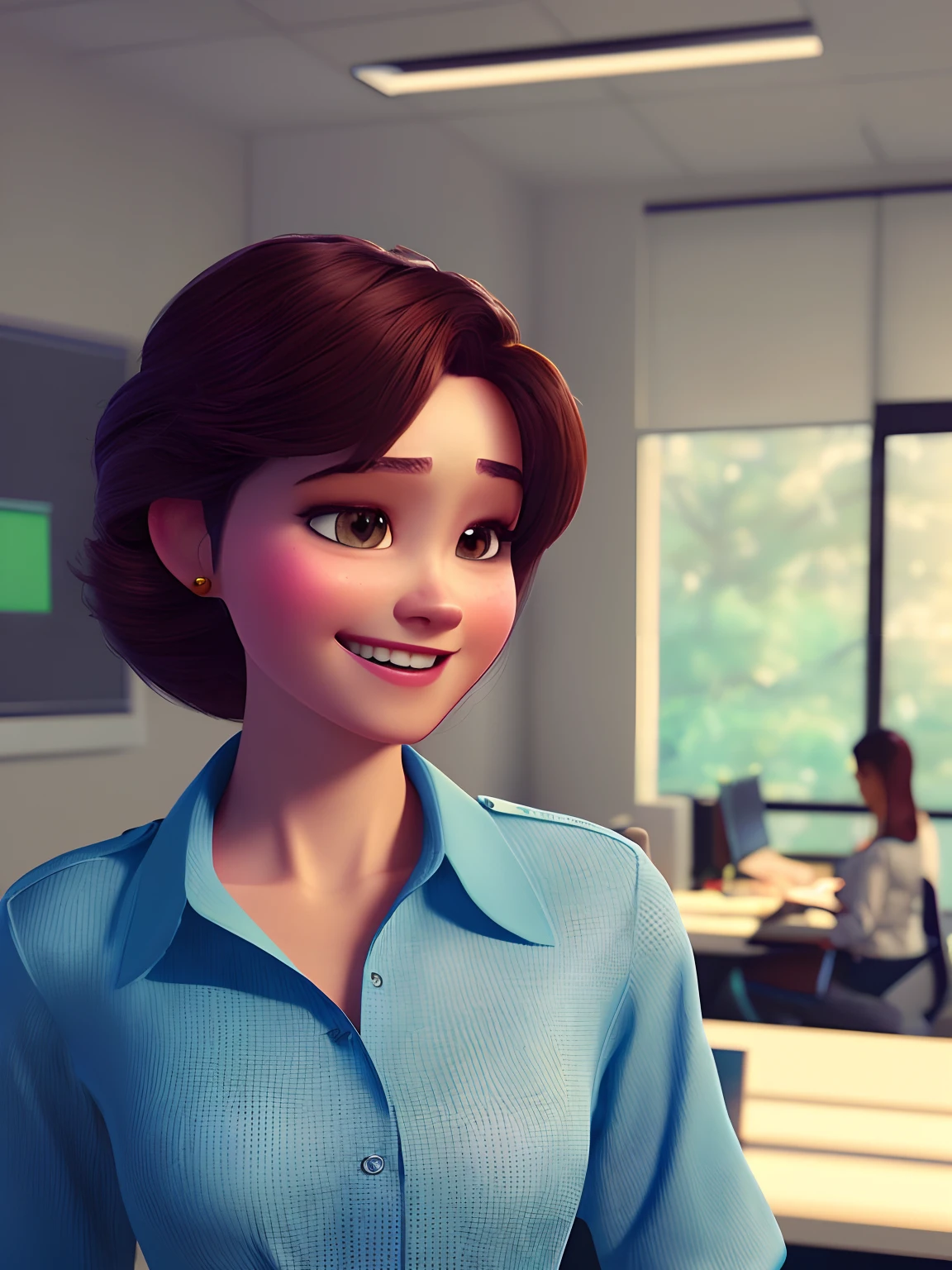 pixarstyle a waist-length portrait of a young woman in a office shirt, smile, office, natural skin texture, 4k textures, hdr, intricate, highly detailed, sharp focus, cinematic look, hyperdetailed