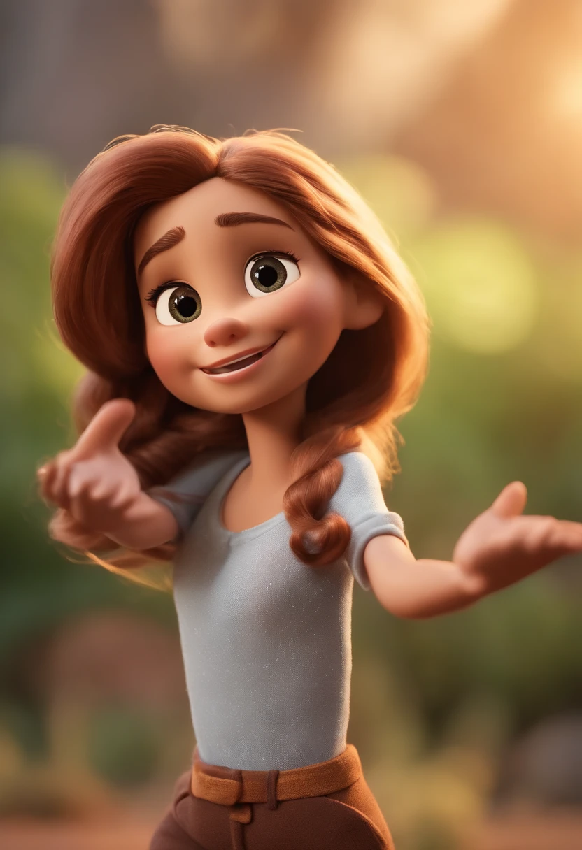 Garota, estilo disney, tom de pele: claro: Cabelo: marrom claro, liso, longo. camisa: cor rosa Fundo: Gray and white gradient,Comemorando, Hands raised, sorrindo, feliz, (estilo pixar) (obra-prima:1.2) (bokeh) (melhor qualidade) (pele detalhada) (textura detalhada) (8k) (claymation) (cinematic lighthing) (foco nítido