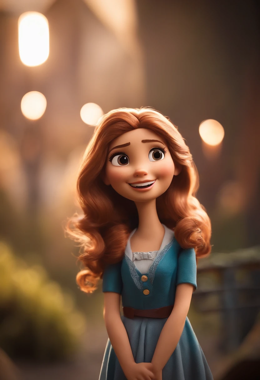 Garota, estilo disney, tom de pele: claro:  Cabelo: marrom claro, liso, longo. camisa: cor rosa Fundo: Gray and white gradient,Comemorando, Hands raised, sorrindo, feliz, (estilo pixar) (obra-prima:1.2) (bokeh) (melhor qualidade) (pele detalhada) (textura detalhada) (8k) (claymation) (cinematic lighthing) (foco nítido