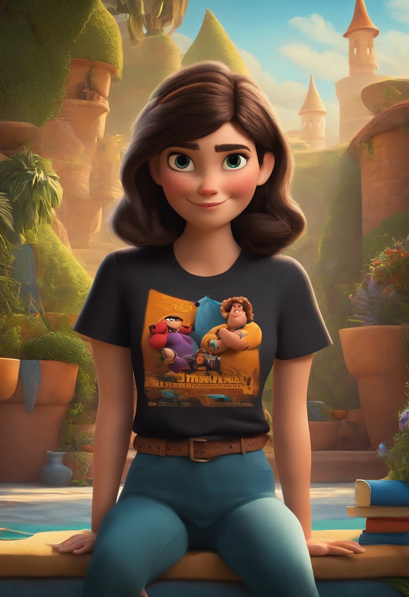filme Marketing 2023 estilo filmes Pixar, Com nome "N - Marketing", poster, With short, lighter brunette hair and a black t-shirt in front of her crossed arms.