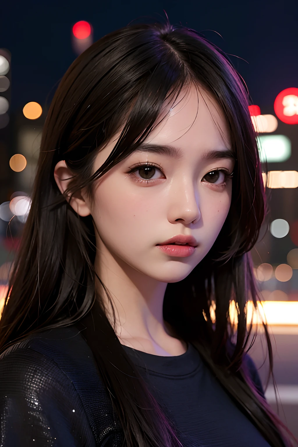 8k, new york, outdoors, crowded, cloudy sky, mature female, black hair, warm lighting, cinematic, photorealistic, high quality, highres, masterpiece, night, natural beauty, sensual look