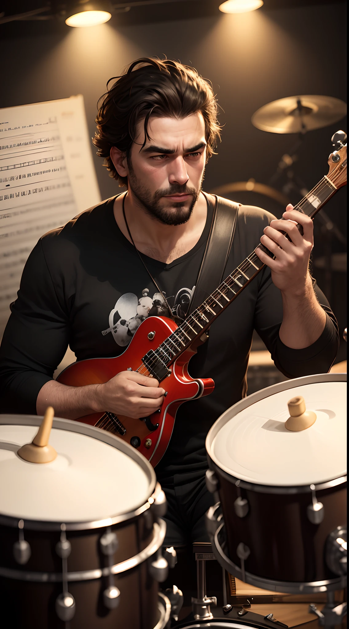 Homem, inspirado na Disney Pixar,  A black-haired man in a music studio playing drums and looking to the serious future, homem feliz, meio gordinho, pouca barba