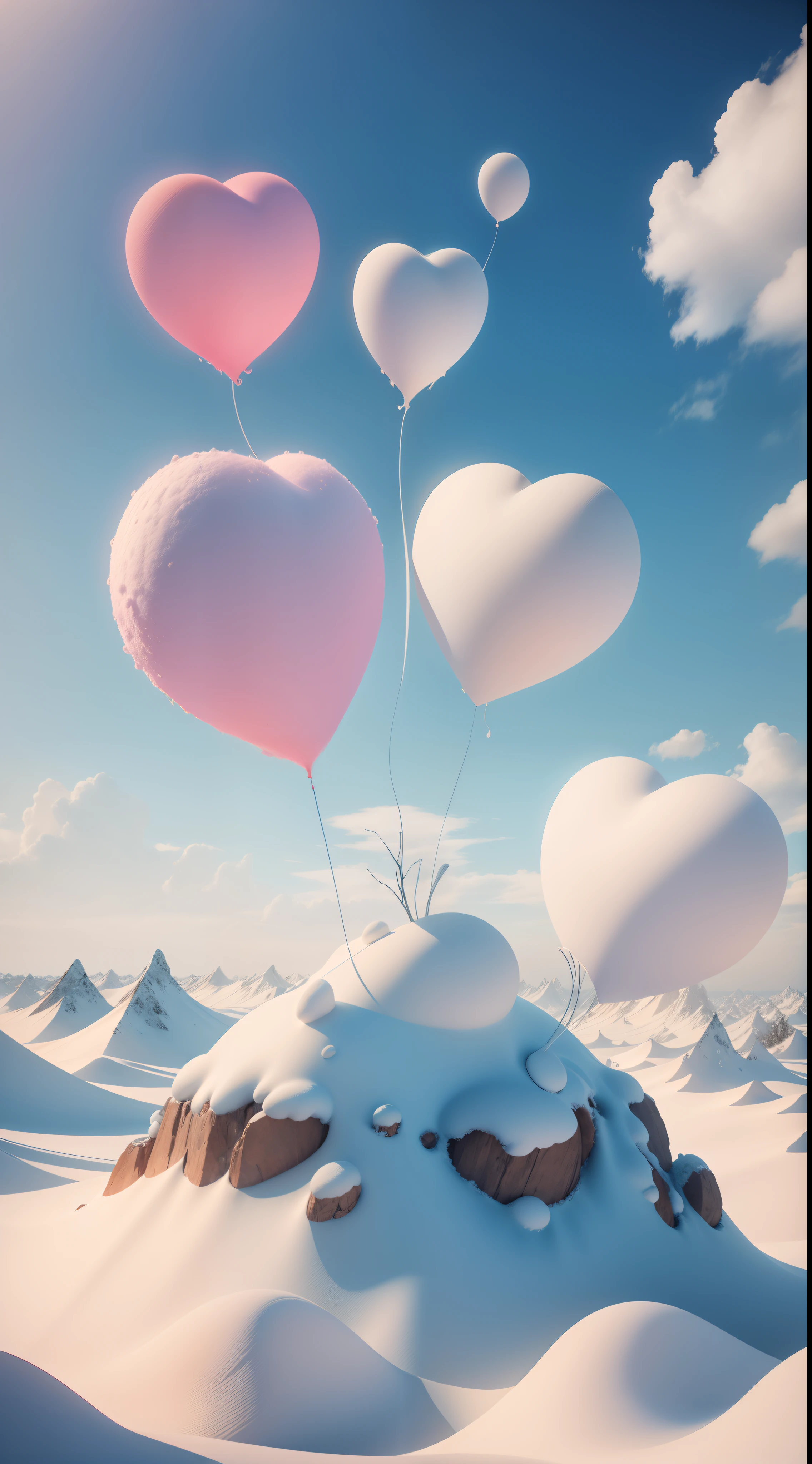 In the midst of the snowy landscape there is a heart-shaped object, illusory engine ; romantic motifs, highly detailed surreal vfx, amazing cgi, trending on cgstation, made of cotton candy, Global illumination. vfx, cinema 4 d art, CGI Art, beautiful composition 3 - d 4 k, very very surreal, beautiful octane render, amazing octane render, blender art
