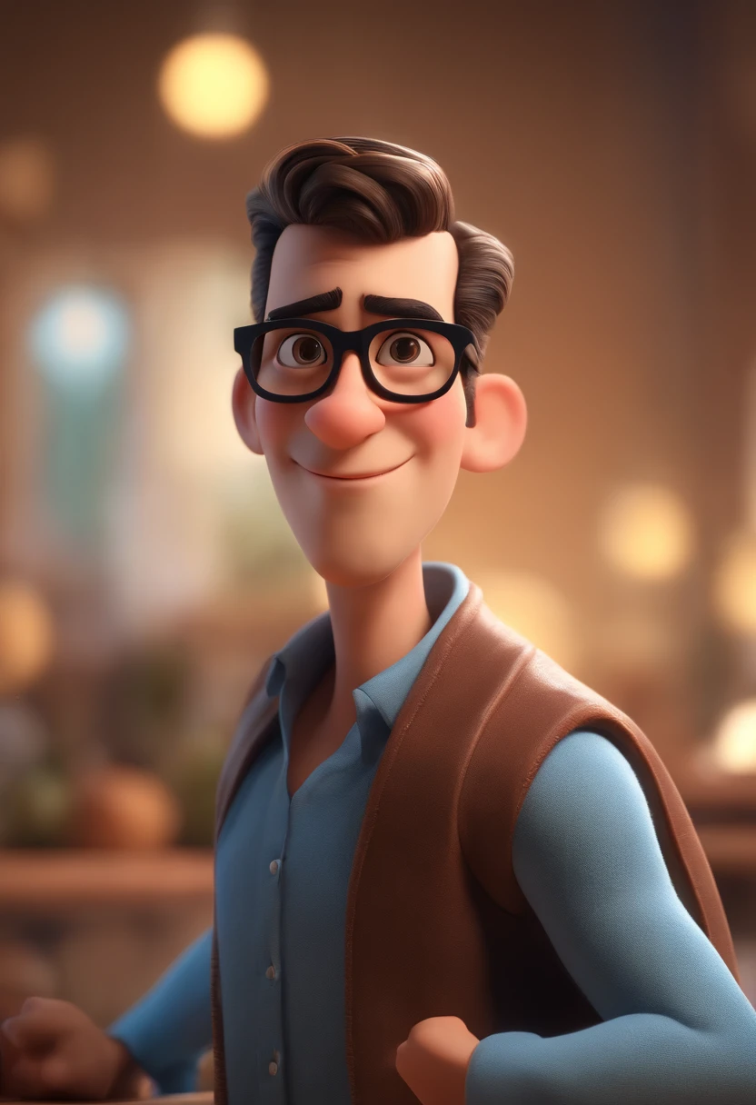Cartoon character of a man wearing black glasses and a blue shirt, um personagem animado, Caractere estilizado, animation style rendering, 3D estilizado, Arnold Maya render, 3 d render stylized, toon render keyshot, Personagem 3D, Personagem 3D, 3d rendering stylized, 3 d character render, personagem de desenho animado, Personagem de close up, Pose de personagem, (Estilo Pixar) (master part:1.2) (Bokeh) (best quality) (pele detalhada) (textura detalhada) (8k) (argila) (Cinematic lighting) (foco nítido,Senta e vaza a parte superior do corpo