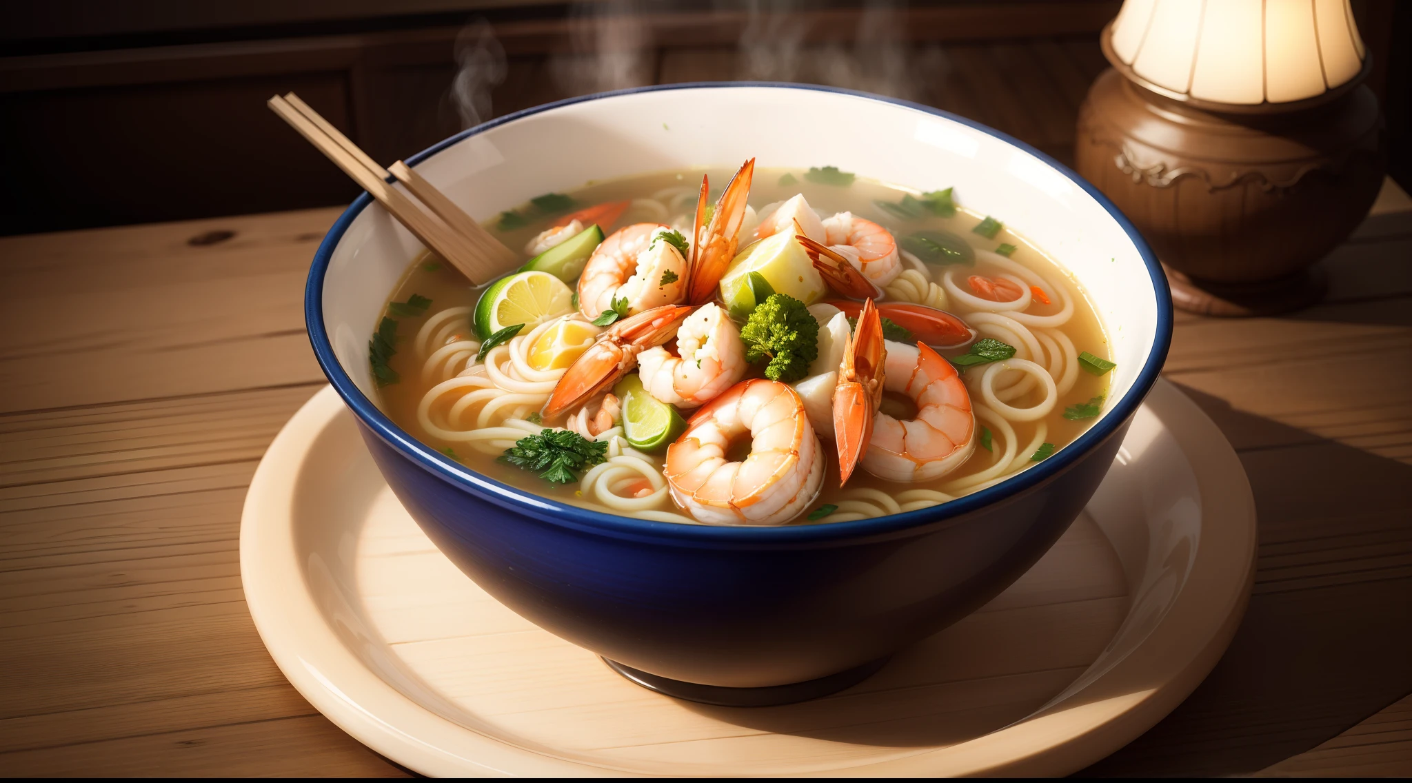 A large bowl of seafood noodles with shrimp and soup, served indoors. (best quality,ultra-detailed), delicious-looking noodles, vibrant colors, high-resolution image, realistic textures, steam rising from the bowl, finely detailed shrimp, mouth-watering broth, well-lit scene, appetizing presentation.