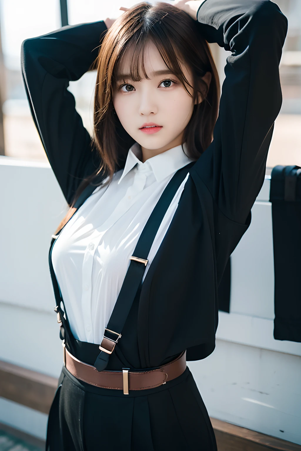 ​masterpiece、flat-colors、depth of fields、lens flare 1 girl、、Brown hair、watching at viewers　　　black suspenders　　　large full breasts　　　 　 Armpit sweat　perspiring　Side of both hands　　walls: 　Black pants, Black jacket holster　Leg holster　　　　Gaze　　　Small face　bangss　suits　Cutter shirt