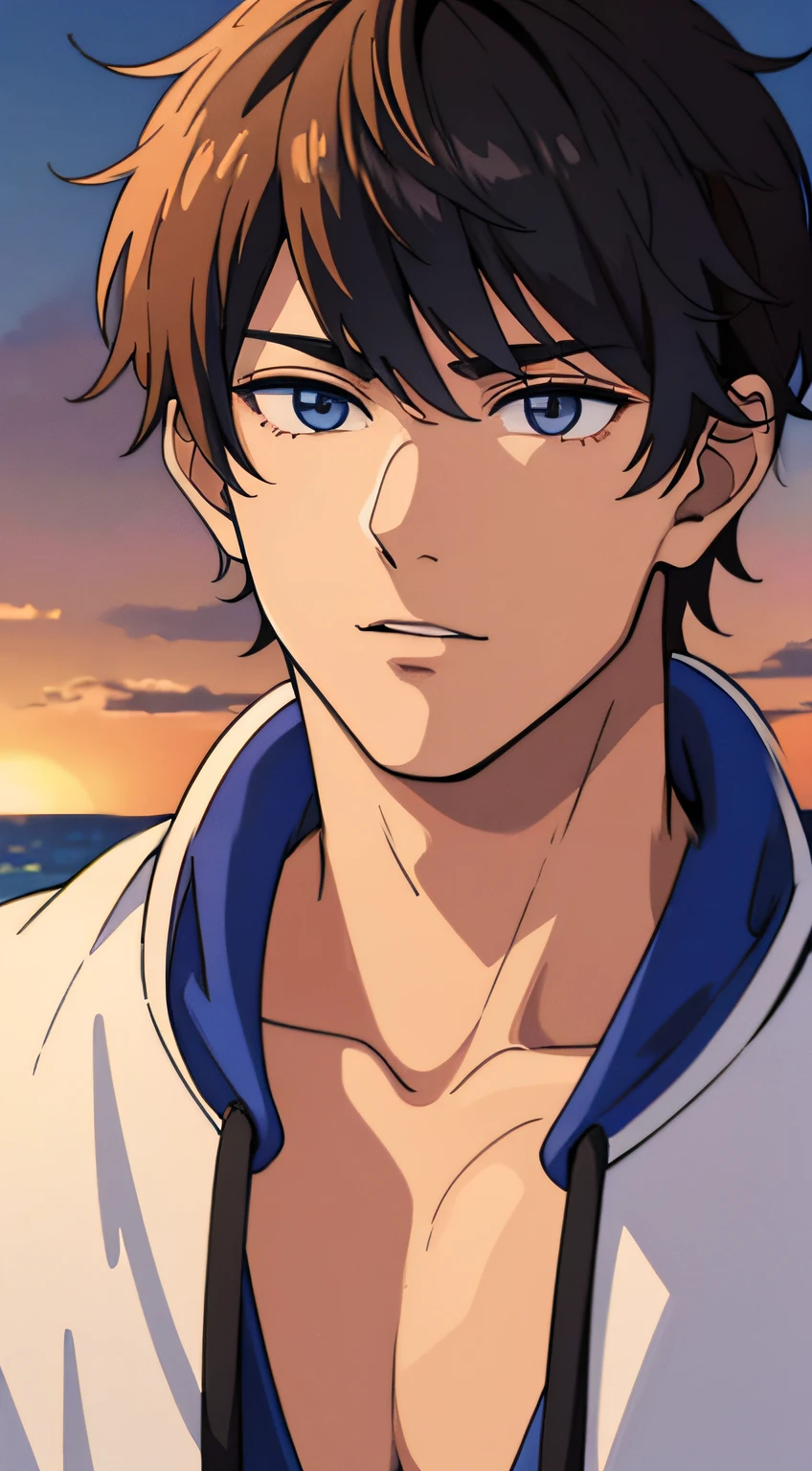 masterpiece, best quality, ultra high detailed,full-color, 1 boy, anime style, portrait shot of a handsome 19 year old male,at the beach, evening, dusk, the boy is very handsome, his face has perfect ratio, detailed face, very short hair, his hair is he is wearing hoodie, big beautiful yet masculine eyes, detailed eyes, he is shy, the lines are very thin, High image quality. 4K, The ultra -The high-definition, the lines are ultra-thin, the lines are thin, stunning background, very very thin outlines,