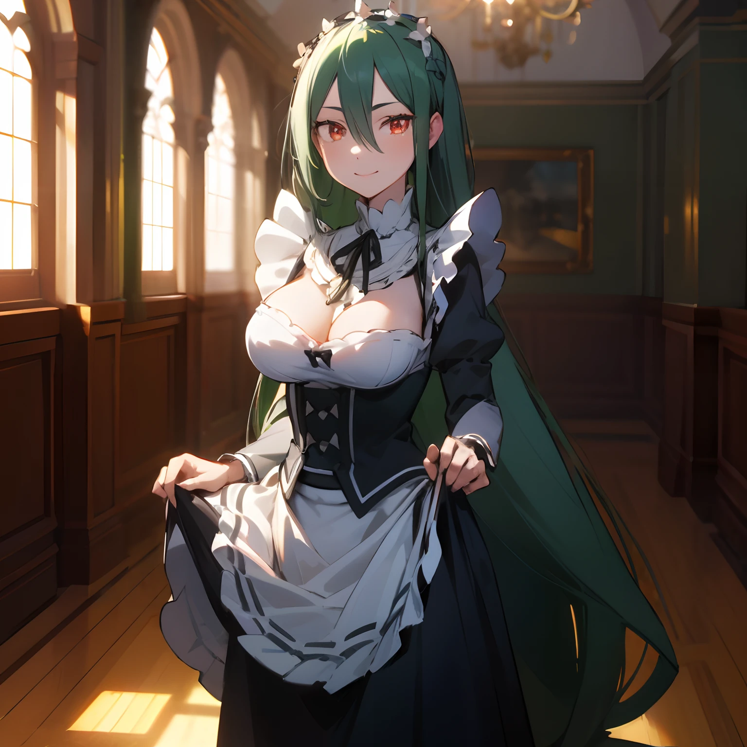 beautiful, masterpiece, best quality, extremely detailed face, perfect lighting, long hair,green hair,hair between eyes,bangs,very long hair, orange eyes,1girl, (roswaal mansion maid uniform:1.3), large breasts, looking at viewer, cowboy shot, (skirt hold:1.4), smile, indoors, medieval setting