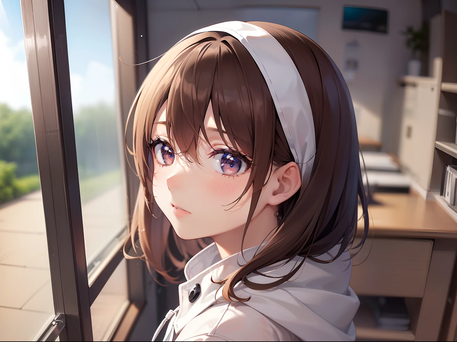 ((Finest quality)),(超A high resolution),(ultra-detailliert),((Best Anime)),sharpnes,clear,cinematic,modern:1.2, lab room,:1.2, ((adult woman), (Manteau blanc:1.3),(brown hair gathered at the back of the head,)