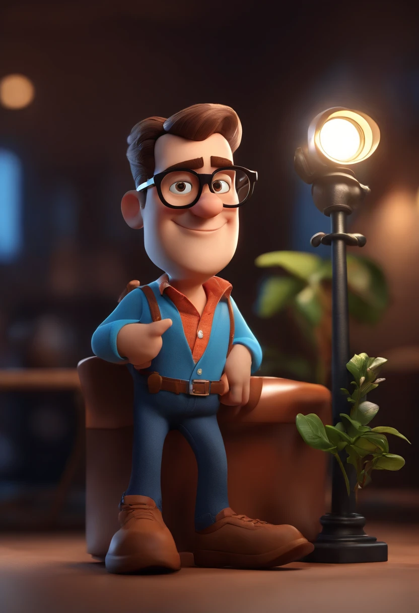 Cartoon character of a man wearing black glasses and a blue shirt, um personagem animado, Caractere estilizado, animation style rendering, 3D estilizado, Arnold Maya render, 3 d render stylized, toon render keyshot, Personagem 3D, Personagem 3D, 3d rendering stylized, 3 d character render, personagem de desenho animado, Personagem de close up, Pose de personagem, (Estilo Pixar) (master part:1.2) (Bokeh) (best quality) (pele detalhada) (textura detalhada) (8k) (argila) (Cinematic lighting) (foco nítido,Senta e vaza a parte superior do corpo