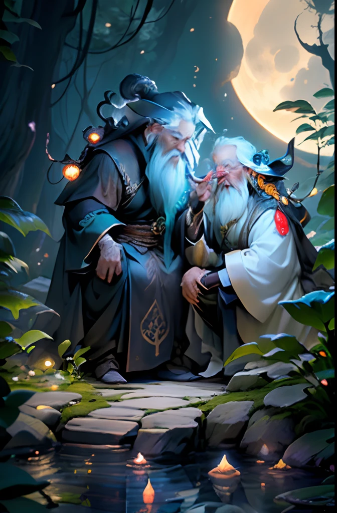 (a)A magical, mystical scene with wizard frog. The main focus is two frog wizards, one representing the sun and the other the moon, positioned in the Yin-yang symbol. Both wizards have long flowing robes and long white beards. The sun wizard has vibrant golden robes while the moon wizard has deep blue robes. They are surrounded by a lush garden filled with flowers, towering trees, and whimsical creatures. The garden is bathed in ethereal light, creating an enchanting atmosphere. The wizards are casting spells, creating a harmonious balance between light and dark forces. [nature, fantasy, wizards, garden, captivating atmosphere, yin-yang symbol, harmonious balance, magical creatures] (best quality, highres, ultra-detailed)