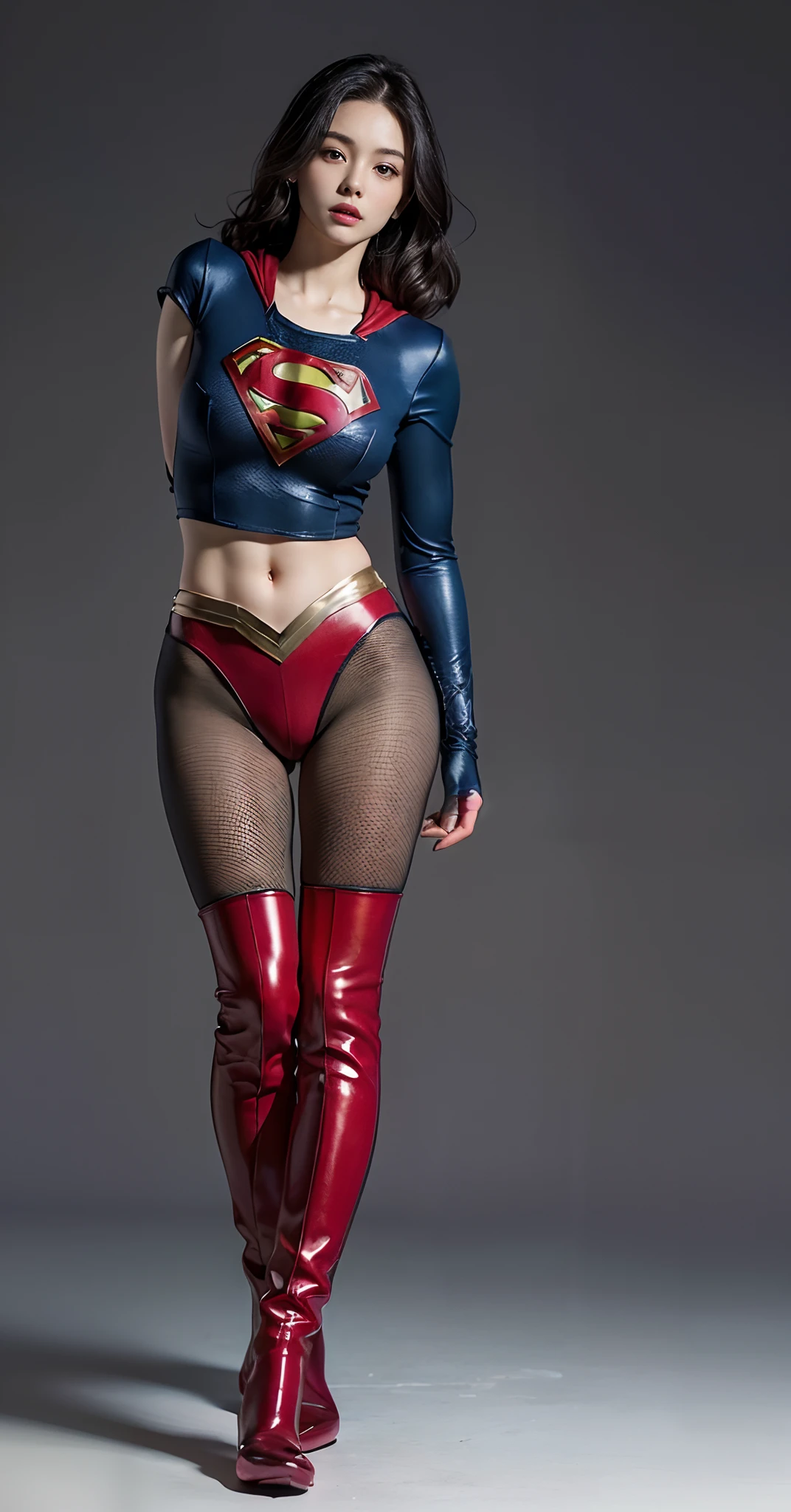 Beautiful girl fighting、japanes、Cute Beautiful Girl、(((Wear black tights on your beautiful legs.)))、(((beauty legs)))、(((Open thighs)))、((((Make the most of the original image)))、(((Supergirl Costume)))、(((Beautiful hair with short cuts)))、(((Injured)))、(((Feet must necessarily be worn with black tights)))、(((You need to wear red boots)))、((Top image quality、8K))、((top-quality、8K、​masterpiece:1.3))、(((Keep your background simple)))、Crisp focus:1.2、Beautiful woman with perfect body shape:1.4、Slender Abs:1.2、a wet body:1.5、Highly detailed facial and skin texture、8K、Keep your background simple