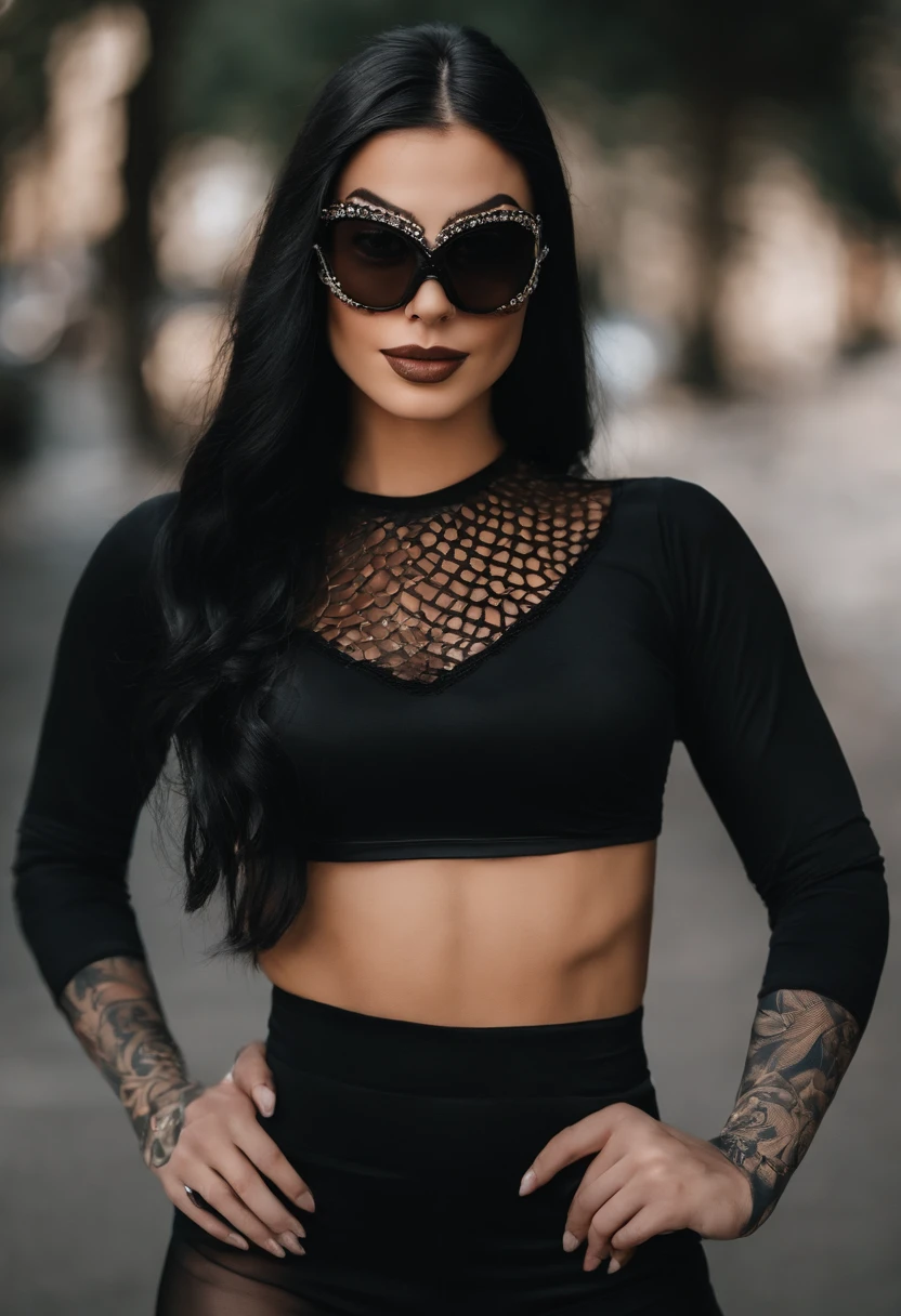 The girl is beautiful, with fair skin, long straight black hair, and is wearing a masquerade mask from a masquerade party. She is approximately 27 years old and is Argentine. The raw, unfiltered picture shows a cute, fit girl with long, straight black hair. She has fair (white) skin, a pronounced bust, and no piercings or tattoos. She is wearing clothes and a masquerade. The model participates in influencer-themed challenges, wearing fashionable athletic wear that reflects her influencer-athlete persona. She dons stylish activewear, high-end sneakers, and trendy sporty accessories to humorously take on athletic tasks.