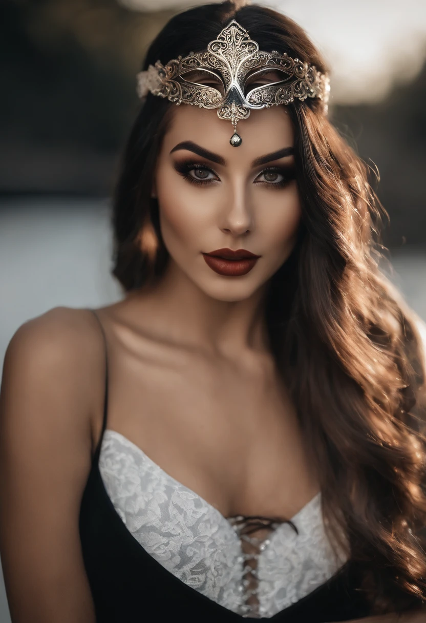 The girl is beautiful, with fair skin, long straight black hair, and is wearing a masquerade mask from a masquerade party. She is approximately 27 years old and is Argentine. The raw, unfiltered picture shows a cute, fit girl with long, straight black hair. She has fair (white) skin, a pronounced bust, and no piercings or tattoos. She is wearing clothes and a masquerade. The model participates in influencer-themed challenges, wearing fashionable athletic wear that reflects her influencer-athlete persona. She dons stylish activewear, high-end sneakers, and trendy sporty accessories to humorously take on athletic tasks.