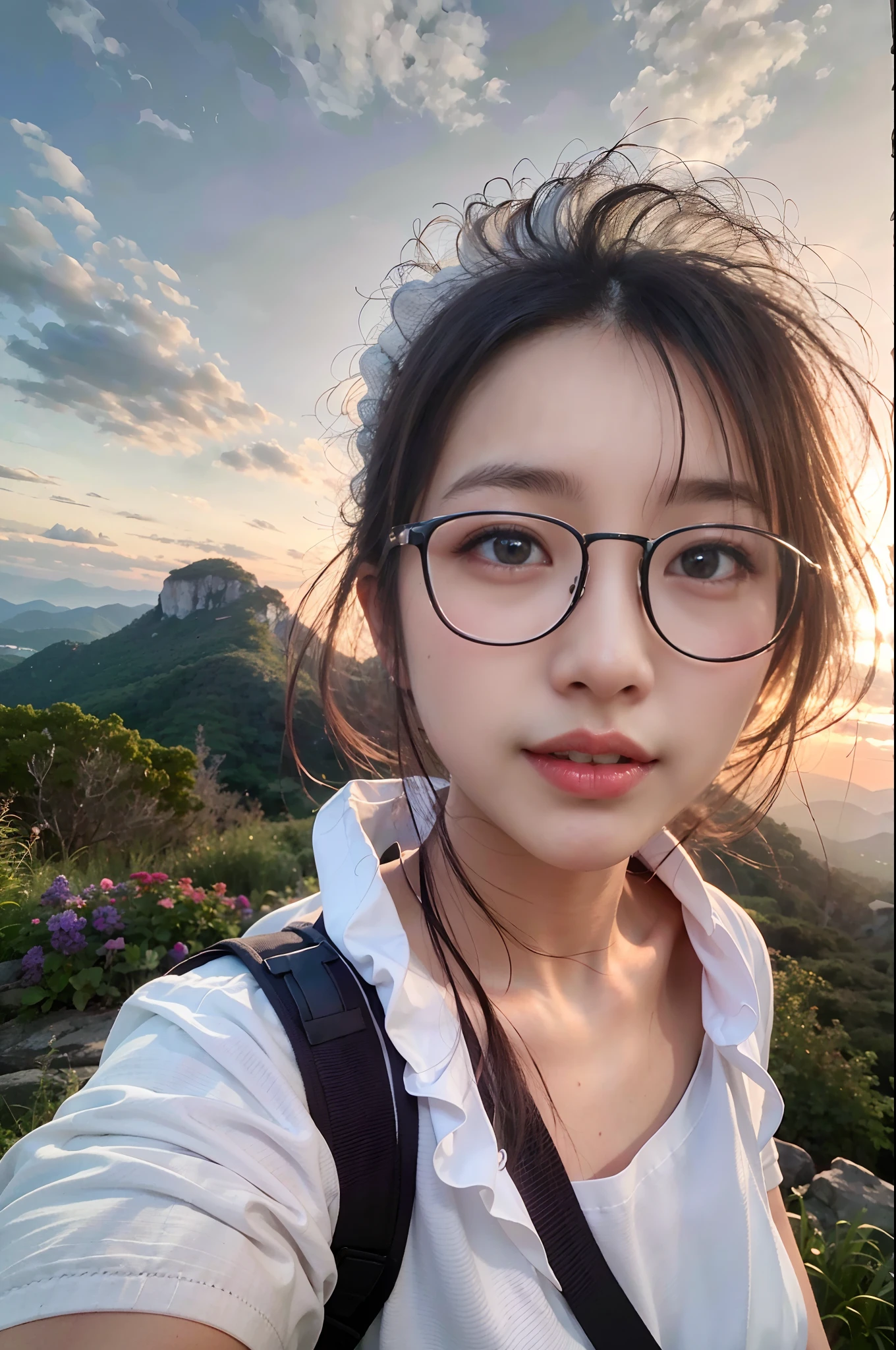 (Best Quality, hyper realistic photography), Magnificent mountain, sea of clouds, Woman watching sunset, selfee, ((Upper body)), white t-shirts, Trekking Shorts, trekking boots, rucksack, (ultra-delicate face, Super Beautiful Maid, Super delicate eyes, Ultra-detailed nose, Ultra detailed mouth, Ultra-detailed facial features), Beautie, 18year old、((Colossal tits、You can see the cleavage of your))、eye glasses