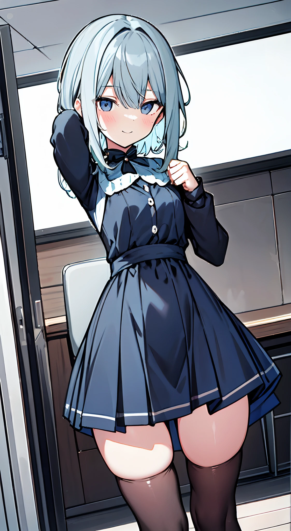 masuter piece, Best Quality,32K、Wallpaper, ultra -detail, Absurd beauty, 1beautiful girl、Big crisp eyes、Slender legs、Make your head smaller、miscievous smile、Angle looking up from below:1.5、♡♡♡、(Poses in motion)、thighs thighs thighs thighs、Medium short hair、inside in room