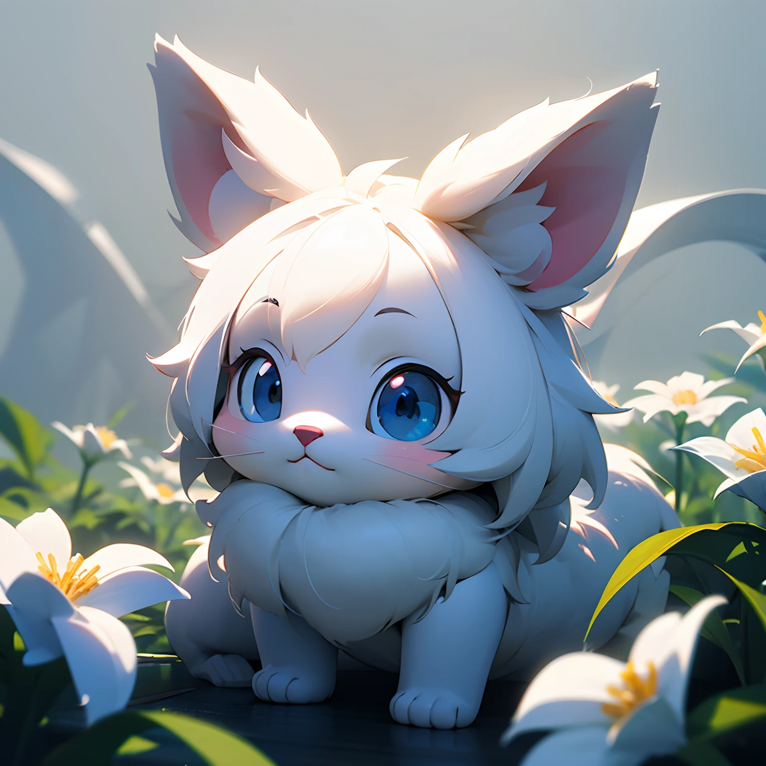 One that is fluffy but has cute fluffy fur, Background surrounded by flowers、Adorable Digital Painting,Deformed、 3d rendered, Bright lighting, Vibrant colors,