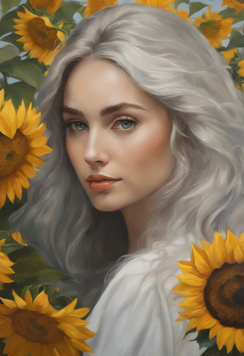 The composition of fictional characters, Vestido com flores azuis jovens, surrounded by sunflowers, O protagonista, de olhos abertos, seus cabelos soprados pelo vento, e o sol cura, monochrome close-up painting, fofo, sonhador, oil painting style, acrylic paint,, Japanese, conceito interessante, Desenho interessante - AR 3:4 s 20 -niji 5